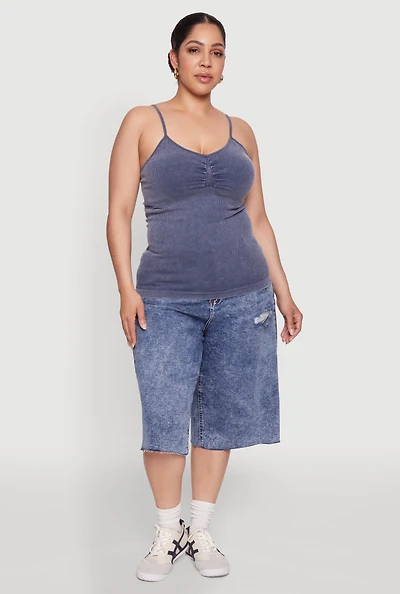 Womens Plus Size Ribbed Knit Seamless Mineral Wash Cami, Blue, Size 3X-4X