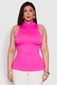 Womens Plus Size Zip Front Mock Neck Top, Pink, Size 1X-2X