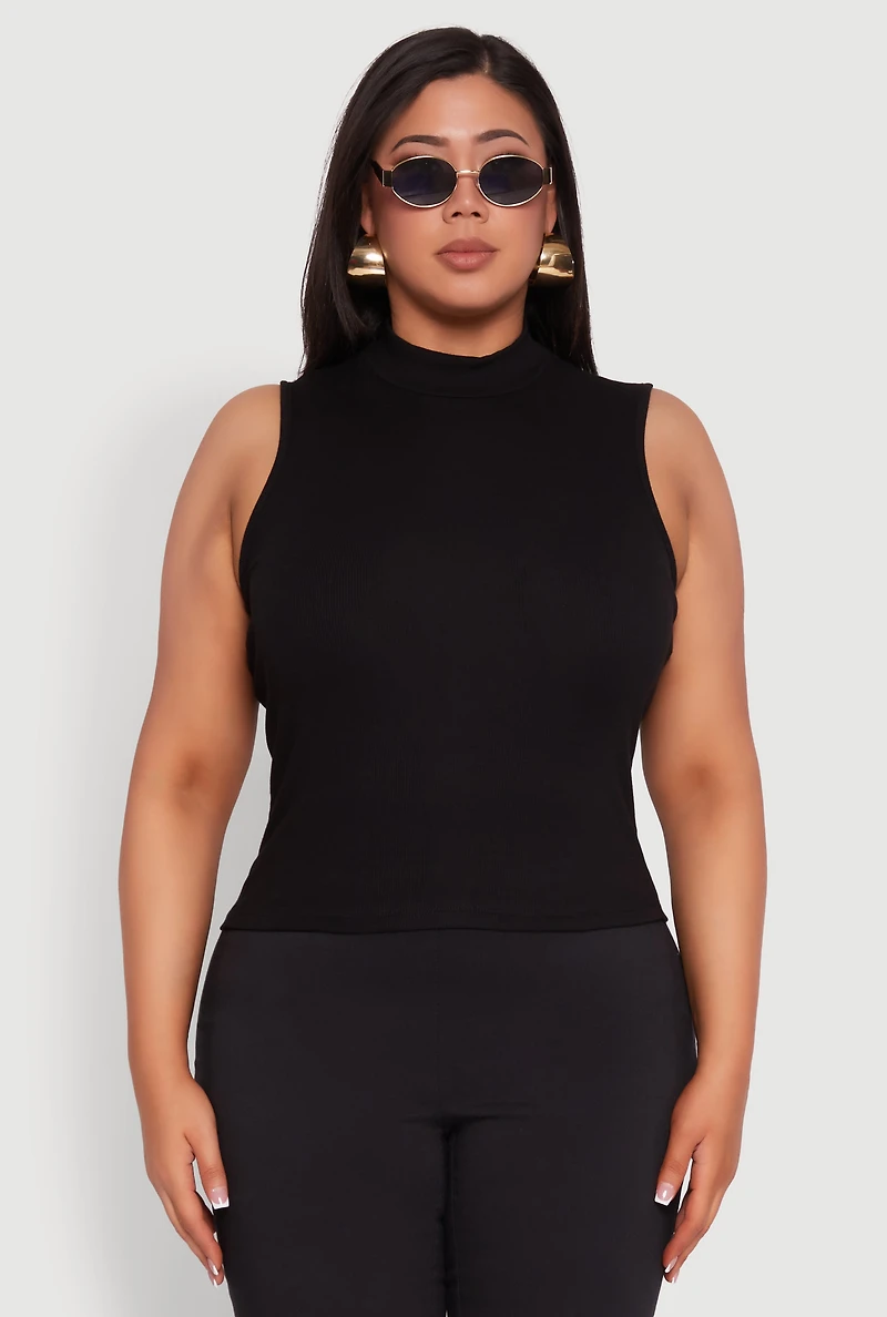 Womens Plus Rib Knit Sleeveless Mock Neck Top,