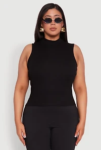Womens Plus Rib Knit Sleeveless Mock Neck Top,