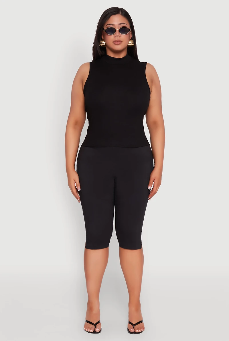 Womens Plus Rib Knit Sleeveless Mock Neck Top,
