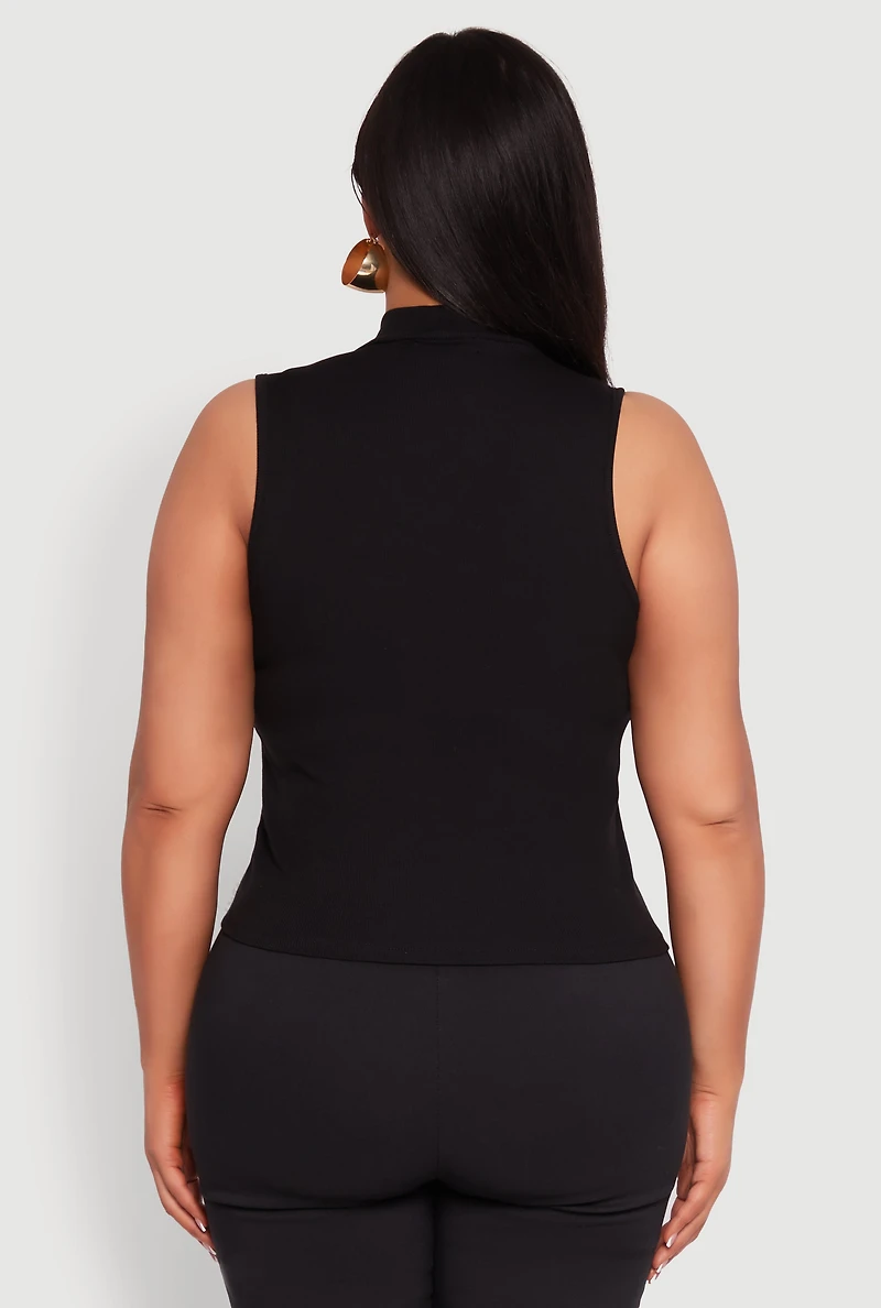 Womens Plus Rib Knit Sleeveless Mock Neck Top,