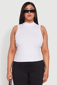 Womens Plus Size Rib Knit Sleeveless Mock Neck Top, White, Size 3X