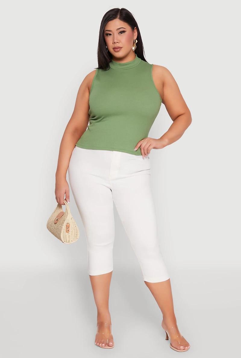 Womens Plus Rib Knit Sleeveless Mock Neck Top,