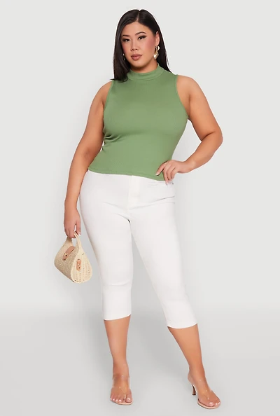 Womens Plus Rib Knit Sleeveless Mock Neck Top,