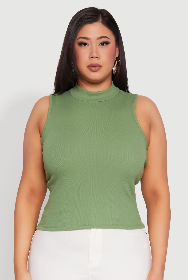 Womens Plus Rib Knit Sleeveless Mock Neck Top,