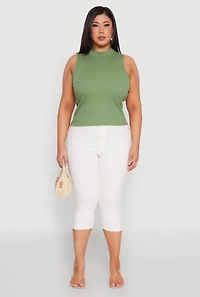 Womens Plus Size Rib Knit Sleeveless Mock Neck Top, Green, Size 1X