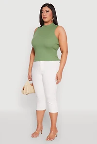 Womens Plus Size Rib Knit Sleeveless Mock Neck Top, Green, Size 1X