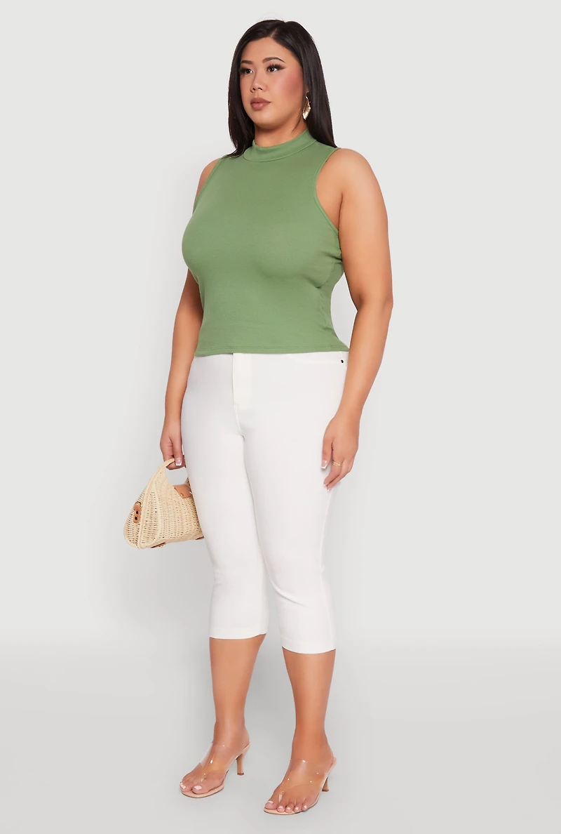 Womens Plus Rib Knit Sleeveless Mock Neck Top,