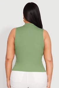 Womens Plus Size Rib Knit Sleeveless Mock Neck Top, Green, Size 1X