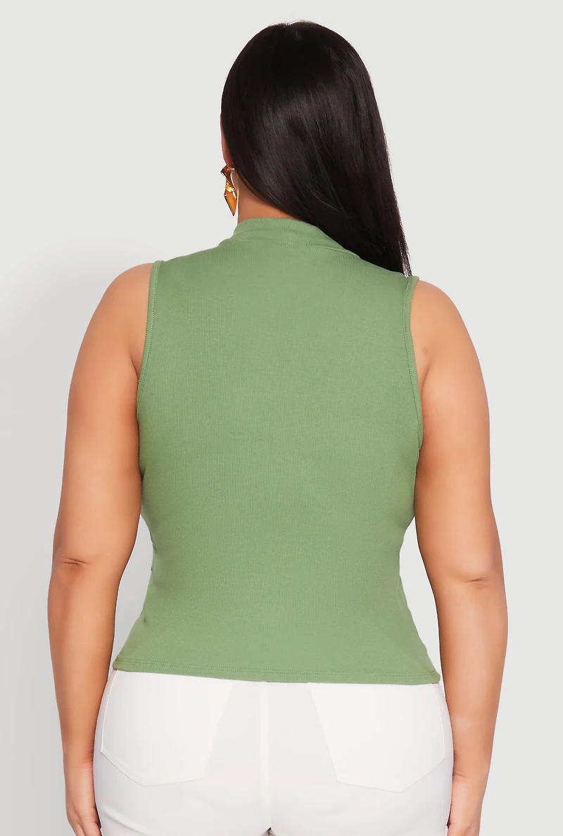 Womens Plus Rib Knit Sleeveless Mock Neck Top,