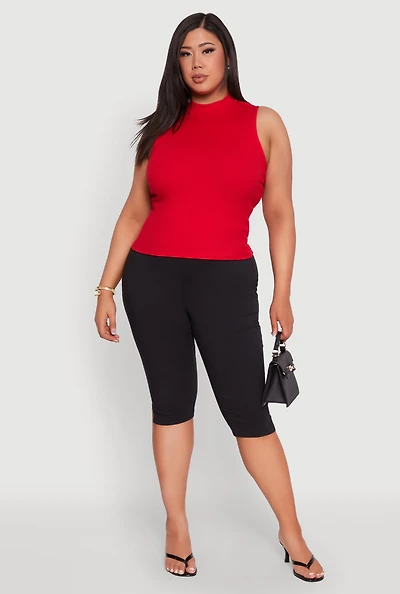 Womens Plus Rib Knit Sleeveless Mock Neck Top, 2X