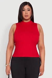 Womens Plus Rib Knit Sleeveless Mock Neck Top, 2X