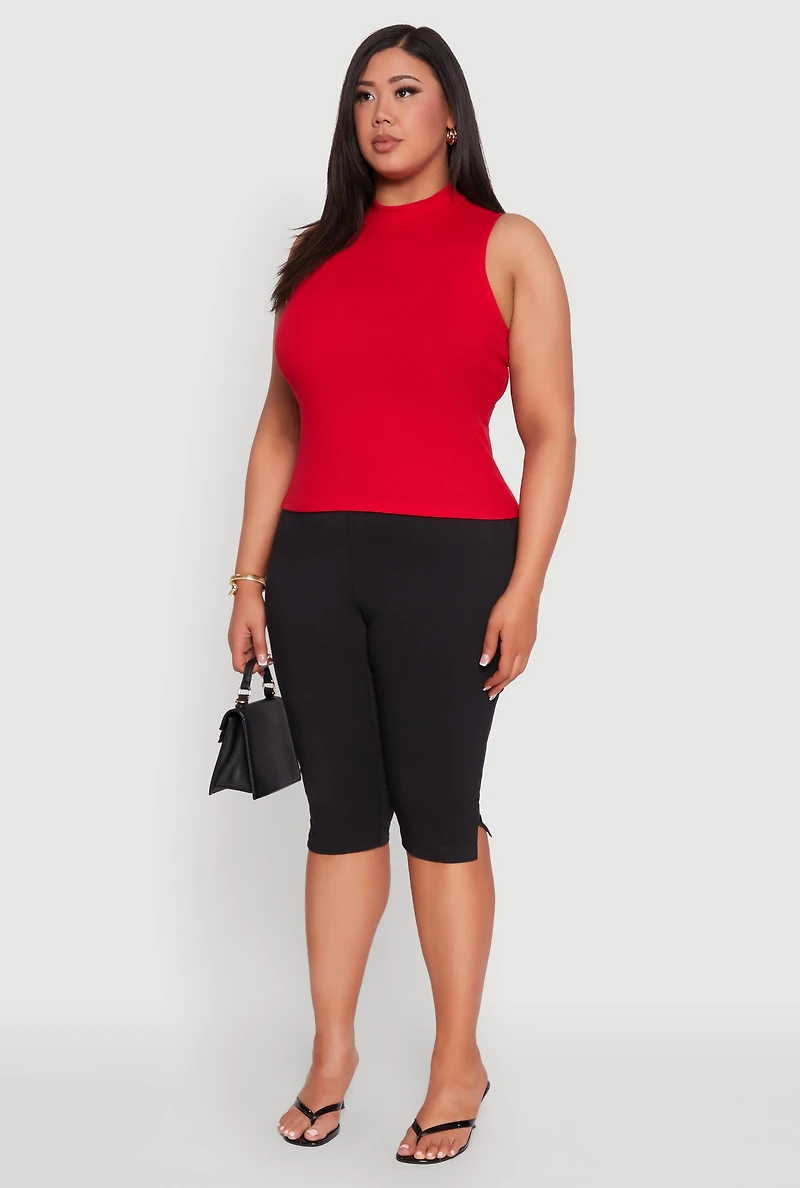 Womens Plus Rib Knit Sleeveless Mock Neck Top, 2X