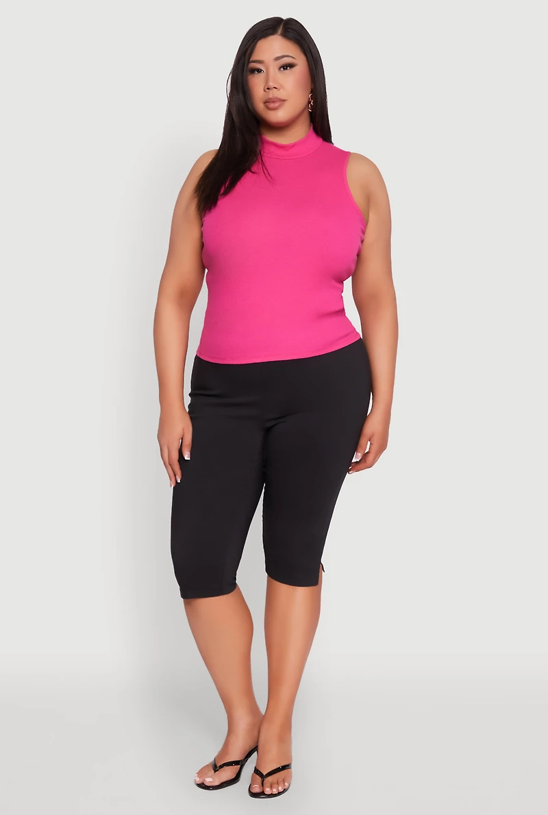 Womens Plus Size Rib Knit Sleeveless Mock Neck Top, Pink, Size 2X