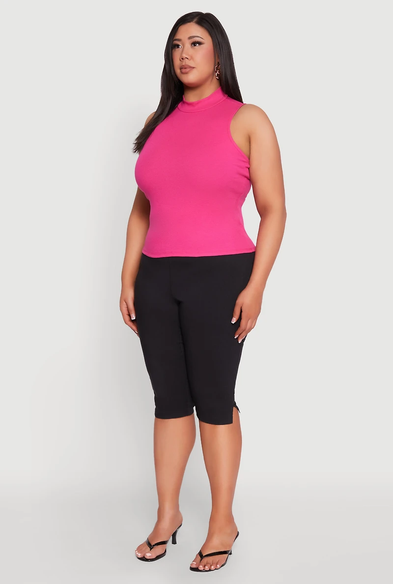 Womens Plus Size Rib Knit Sleeveless Mock Neck Top, Pink, Size 2X