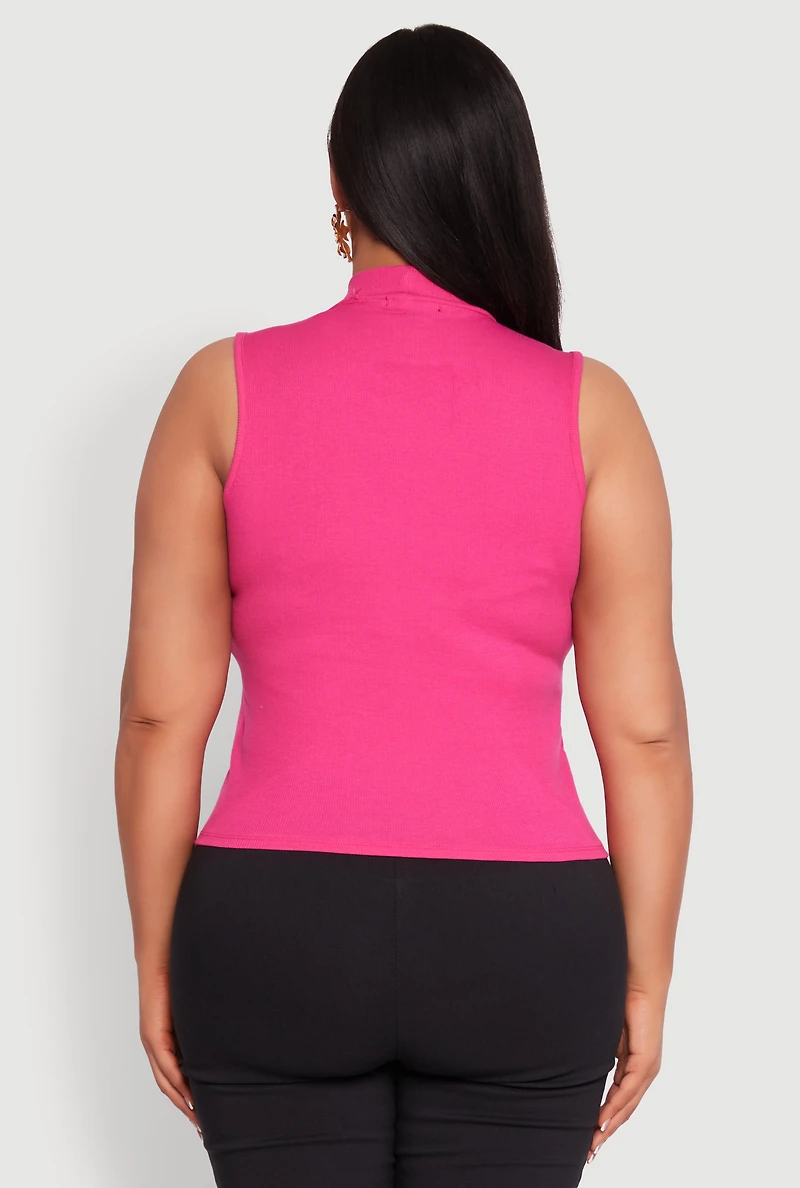 Womens Plus Size Rib Knit Sleeveless Mock Neck Top, Pink, Size 2X