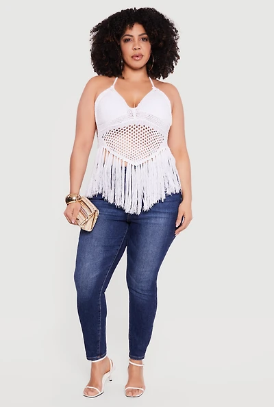 Plus Crochet Tie Back Fringe Halter Top