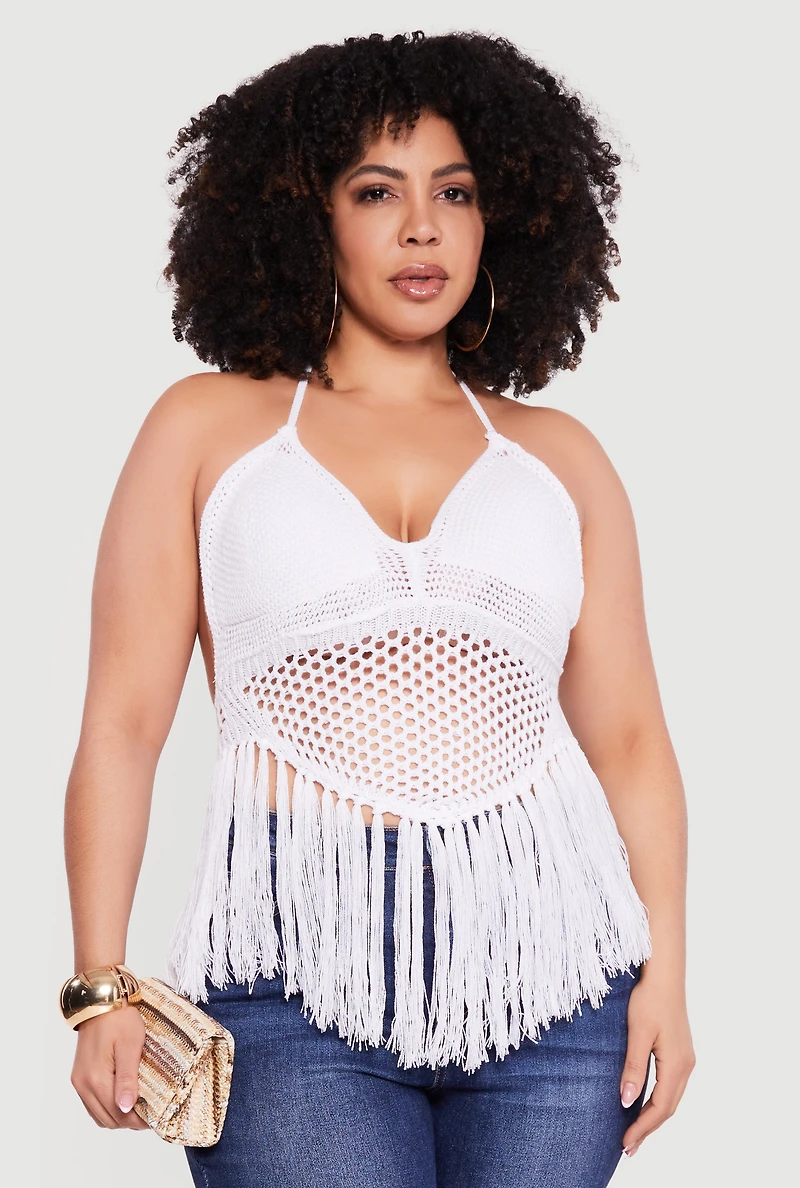 Plus Crochet Tie Back Fringe Halter Top