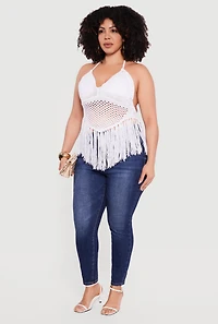 Plus Crochet Tie Back Fringe Halter Top