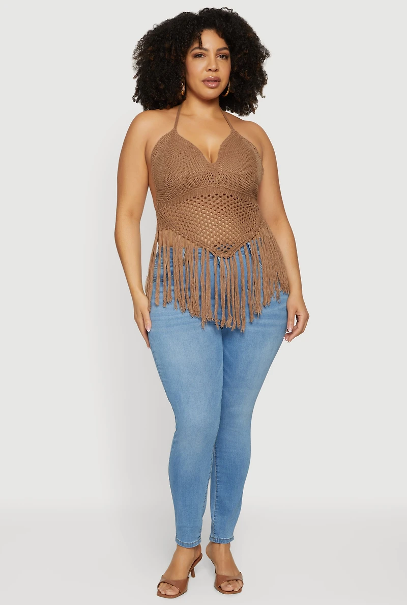 Plus Crochet Tie Back Fringe Halter Top