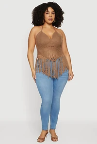 Plus Crochet Tie Back Fringe Halter Top