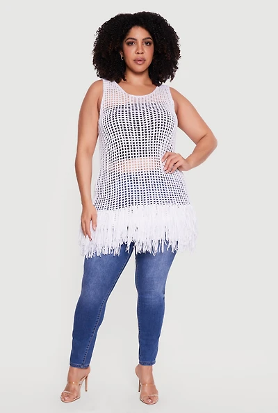 Plus Crochet Knit Fringe Sleeveless Top