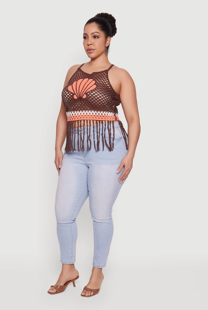 Plus Shell Graphic Fringe Hem Crochet Top