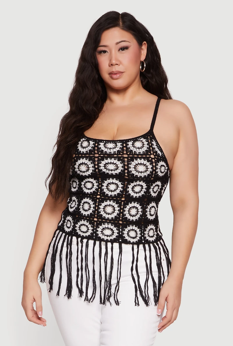 Plus Fringe Hem Scoop Neck Crochet Cami