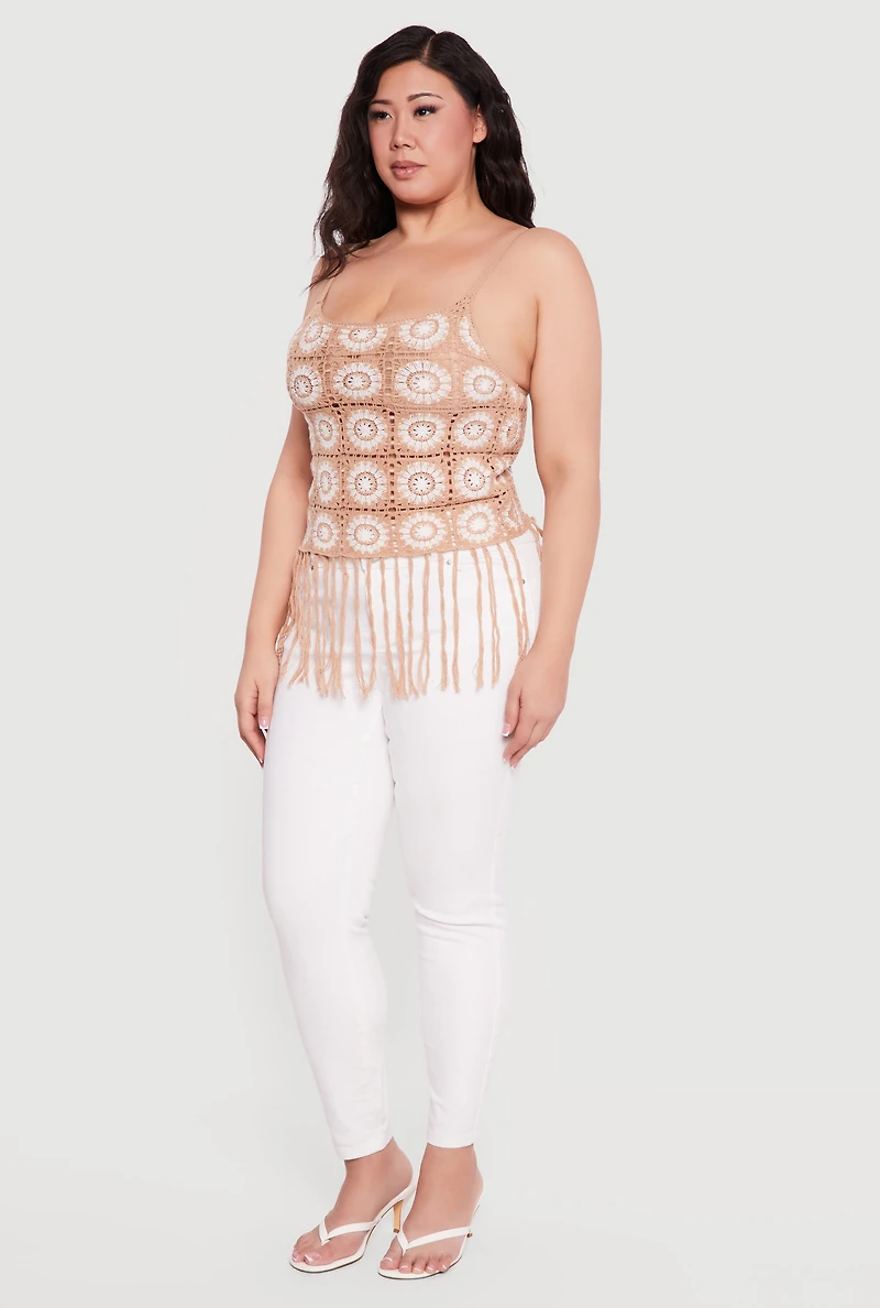 Plus Fringe Hem Scoop Neck Crochet Cami