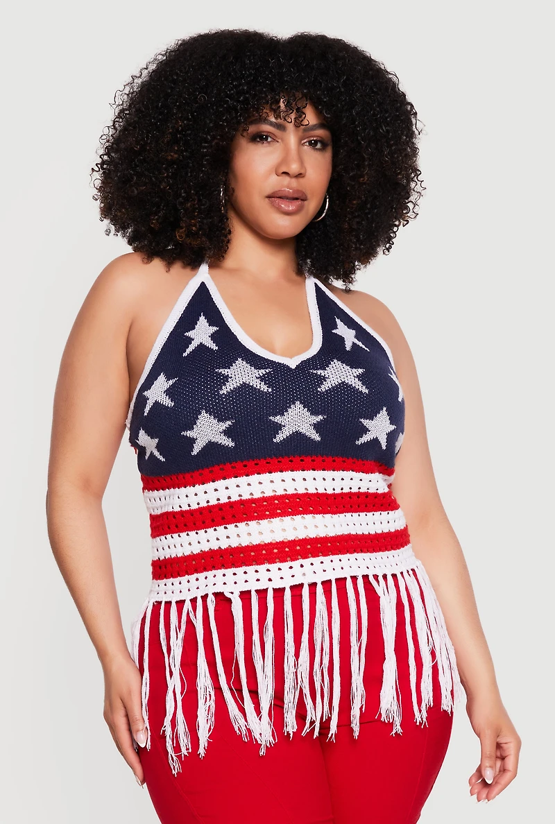 Plus Crochet Americana Fringe Hem Halter Top