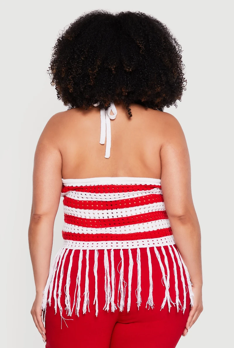 Plus Crochet Americana Fringe Hem Halter Top