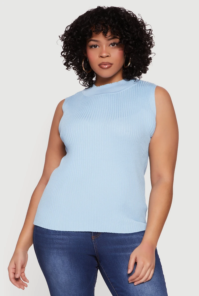 Plus Rib Knit Mock Neck Sleeveless Sweater