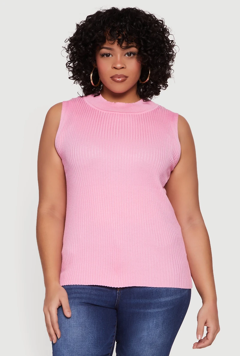 Plus Rib Knit Mock Neck Sleeveless Sweater