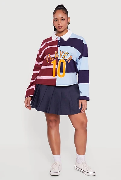 Womens Plus Size Color Blocked Striped Player Graphic Polo Tee, Multi, Size 1X