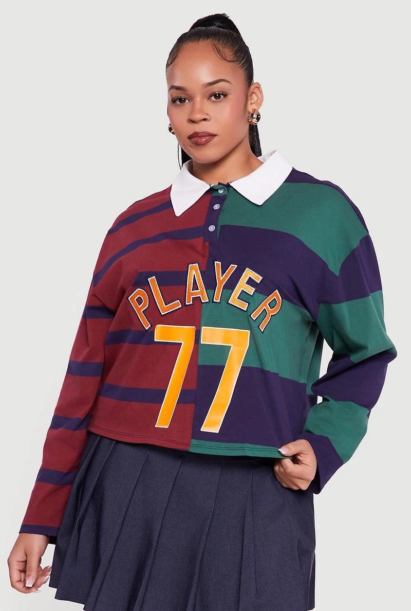 Plus Color Blocked Striped Player Graphic Polo Tee