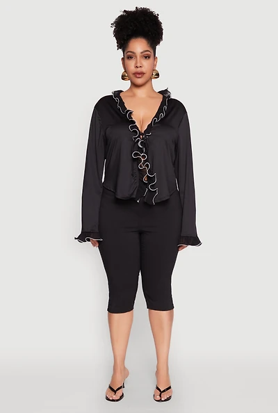 Womens Plus Size Ruffle Trim Tie Front Blouse, Black, Size 2X
