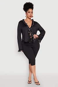 Womens Plus Size Ruffle Trim Tie Front Blouse, Black, Size 2X
