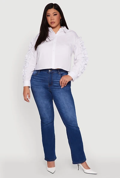 Womens Plus Size Ruffle Trim Long Sleeve Cropped Shirt, White, Size 1X