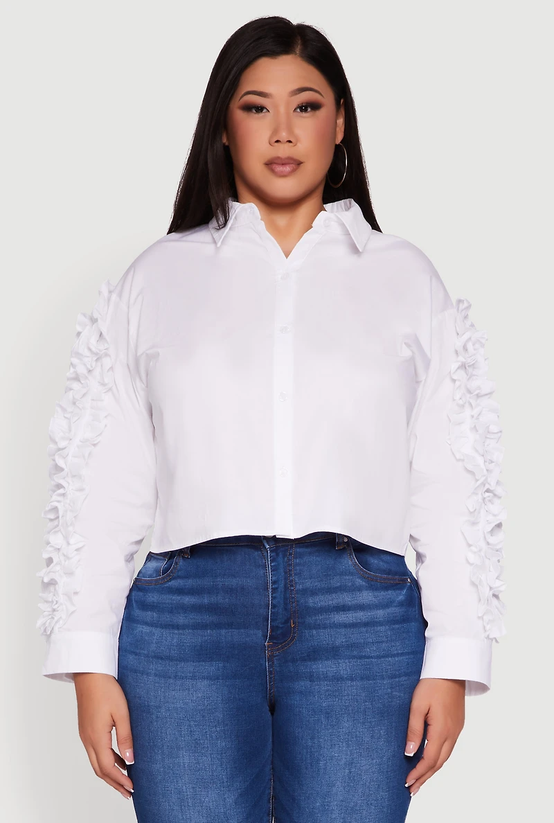 Womens Plus Size Ruffle Trim Long Sleeve Cropped Shirt, White, Size 1X
