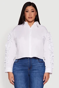 Womens Plus Size Ruffle Trim Long Sleeve Cropped Shirt, White, Size 1X