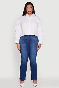 Womens Plus Size Ruffle Trim Long Sleeve Cropped Shirt, White, Size 1X