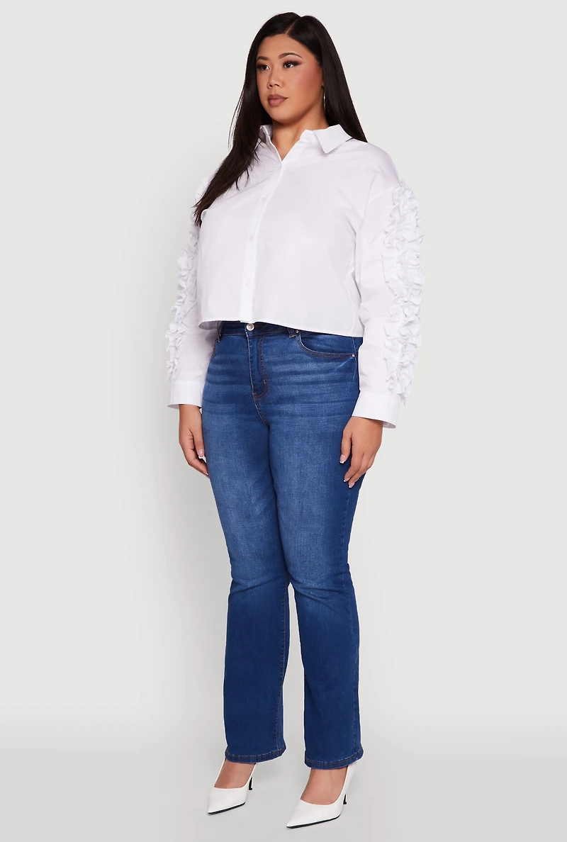 Womens Plus Size Ruffle Trim Long Sleeve Cropped Shirt, White, Size 1X