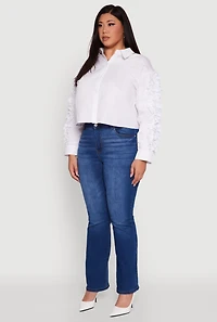 Womens Plus Size Ruffle Trim Long Sleeve Cropped Shirt, White, Size 1X