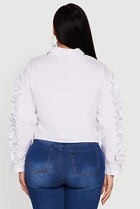 Womens Plus Size Ruffle Trim Long Sleeve Cropped Shirt, White, Size 1X
