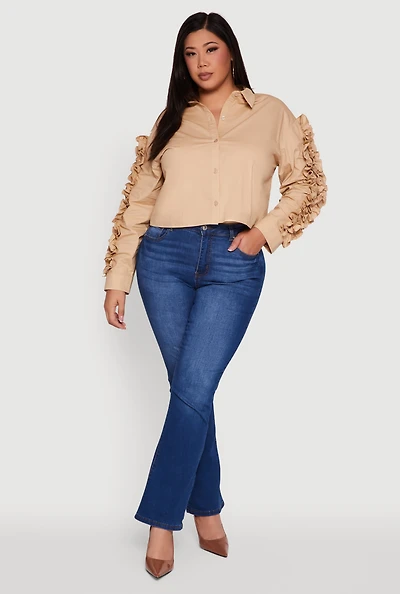 Womens Plus Ruffle Trim Long Sleeve Cropped Shirt, Beige,