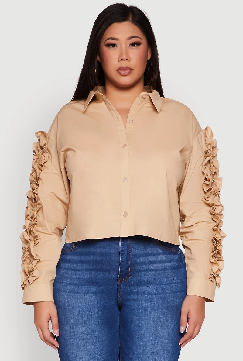 Womens Plus Ruffle Trim Long Sleeve Cropped Shirt, Beige,