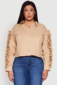 Womens Plus Ruffle Trim Long Sleeve Cropped Shirt, Beige,