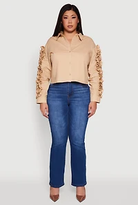 Womens Plus Ruffle Trim Long Sleeve Cropped Shirt, Beige,