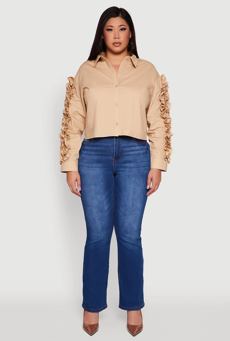 Womens Plus Size Ruffle Trim Long Sleeve Cropped Shirt, Beige, Size 3X